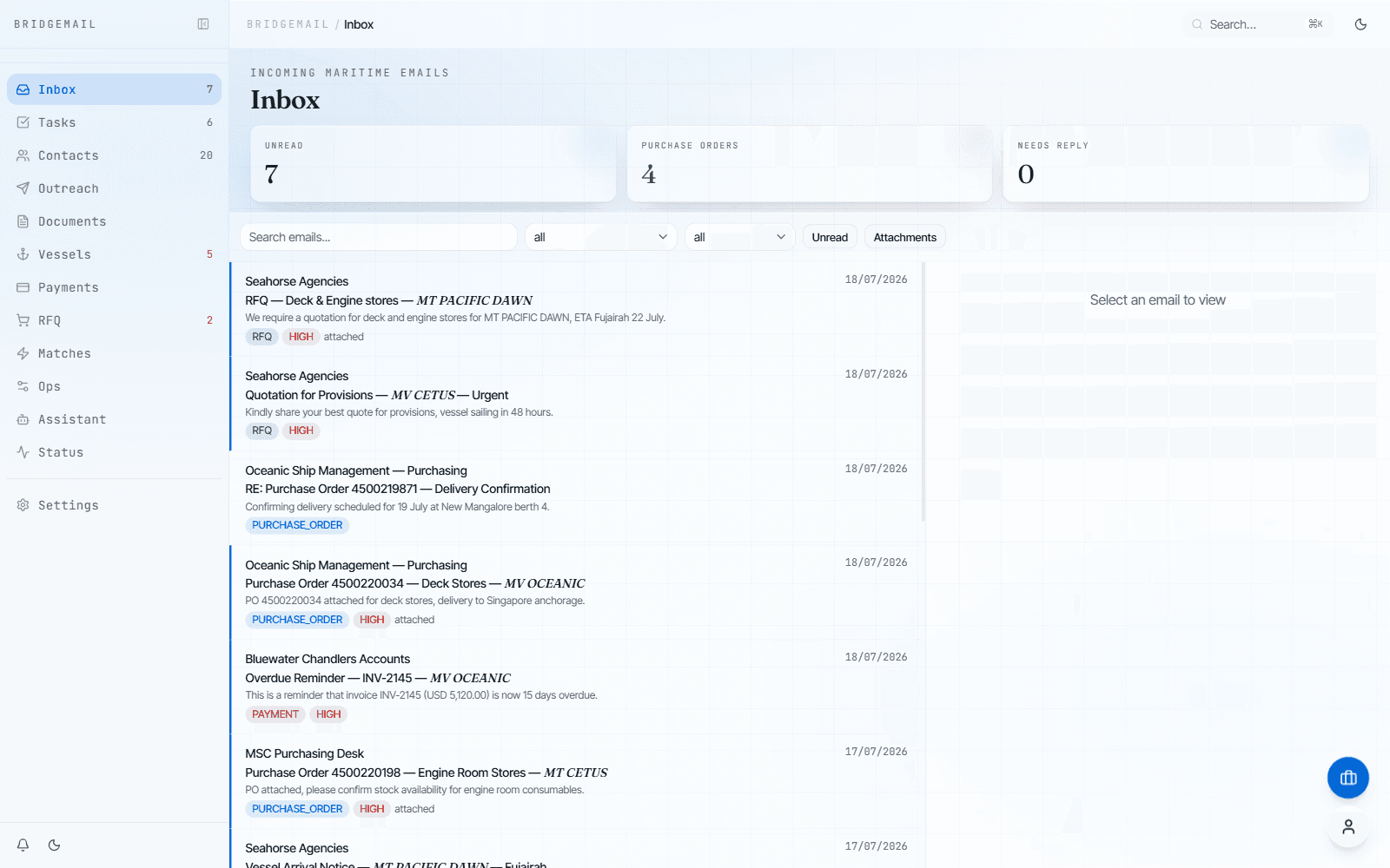 BridgeMail inbox — maritime emails auto-classified with purchase-order, RFQ and quote badges